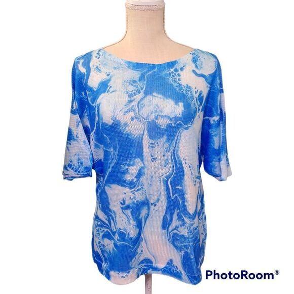 Luisa Ricci medium blue white marble made Italy short sleeve scoop neck top - Picture 1 of 6